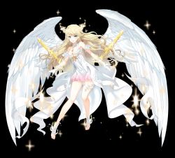 Rule 34 | 1girl, absurdres, angel, black background, blonde hair, blue eyes, closers, colored skin, feet, full body, highres, long hair, navel, official art, seulbi lee, solo, toes, weapon, white skin, white wings, wings