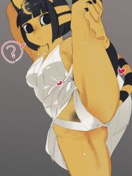 Rule 34 | 1girl, :&lt;, ?, animal crossing, animal ears, animal hands, ankha (animal crossing), arm up, bandages, bare shoulders, black eyes, black hair, blonde hair, blunt bangs, blush, bob cut, body fur, breasts, cat ears, cat girl, cat tail, claws, closed mouth, covered erect nipples, cowboy shot, dress, female focus, female pubic hair, furry, furry female, grey background, hair ornament, hand up, heart, leg up, looking at viewer, medium breasts, multicolored hair, nintendo, nose blush, panties, pantyshot, pubic hair, short dress, short hair, sidelocks, simple background, snake hair ornament, solo, speech bubble, split, spoken question mark, spread legs, standing, standing on one leg, standing split, striped tail, sweat, tail, tail raised, thighs, two-tone hair, underwear, upskirt, ura menu, white dress, white panties, yellow fur