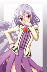 Rule 34 | 1girl, beige jacket, border, bow, bowtie, brooch, commentary request, covered mouth, cowboy shot, dress, feathered wings, gradient background, gradient border, grey background, grey border, hand on own hip, hand up, head tilt, highres, jacket, jewelry, kishin sagume, long sleeves, looking at viewer, purple dress, red bow, red bowtie, red eyes, short hair, silver hair, single wing, solo, standing, teoi (good chaos), thighs, touhou, wings