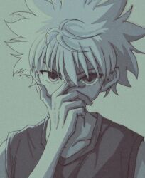 Rule 34 | 1boy, blue eyes, child, closed mouth, empty eyes, enoki (gongindon), hand on own face, hunter x hunter, killua zoldyck, looking at viewer, male focus, official style, short hair, simple background, sleeveless, solo, spiked hair, thinking, upper body, white hair