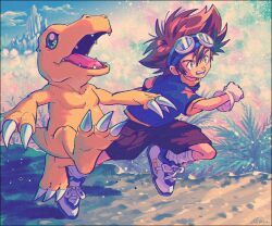 Rule 34 | 1boy, agumon, brown eyes, brown hair, claws, cloud, digimon, digimon (creature), digimon adventure, gloves, goggles, goggles on head, highres, kwsby 124, male focus, mountain, open mouth, outdoors, running, sharp teeth, shoes, short sleeves, shorts, signature, sky, socks, spiked hair, star (symbol), star print, teeth, white gloves, white socks, yagami taichi