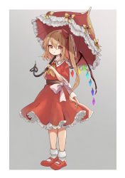 Rule 34 | 1girl, adapted costume, aporro622, ascot, blonde hair, bobby socks, bow, brooch, closed mouth, dress, flandre scarlet, frilled dress, frilled sleeves, frilled umbrella, frills, full body, grey background, hair between eyes, highres, holding, holding umbrella, jewelry, long hair, looking at viewer, mary janes, multicolored wings, no headwear, no headwear, rainbow order, rainbow wings, red brooch, red dress, red eyes, red footwear, red umbrella, shoes, short sleeves, side ponytail, simple background, smile, socks, solo, standing, touhou, umbrella, white socks, wings, yellow ascot