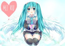Rule 34 | 1girl, :d, bad id, bad twitter id, black thighhighs, blue eyes, blue hair, blue necktie, blush, character name, detached sleeves, flower, hair between eyes, hatsune miku, heart, highres, holding, karasusou nano, long hair, long sleeves, looking at viewer, musical note, necktie, open mouth, pleated skirt, quaver, seiza, sitting, skirt, smile, solo, thigh gap, thighhighs, twintails, very long hair, vocaloid, water, white wings, wings, zettai ryouiki