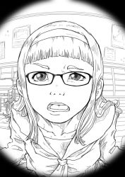 Rule 34 | chair, collarbone, desk, face, glasses, greyscale, hairband, highres, long hair, monochrome, narumero, open mouth, original, school uniform, solo