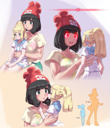 Rule 34 | 2girls, beanie, black eyes, black hair, blonde hair, collarbone, commentary request, creatures (company), game freak, giant, giantess, glowing, glowing eyes, green eyes, green shorts, hat, heart, height difference, highres, kiss, kissing cheek, lillie (pokemon), long hair, looking at another, looking at viewer, mizuumi (bb), multiple girls, nintendo, pokemon, pokemon sm, print shirt, red eyes, red headwear, selene (pokemon), shirt, short hair, short sleeves, shorts, skirt, smile, white shirt, white skirt, yellow shirt, yuri