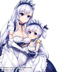 Rule 34 | 2girls, :o, absurdres, aged down, animal, animal on shoulder, apron, azur lane, belfast (azur lane), bird, bird on shoulder, blue choker, blue dress, blue ribbon, blush, braid, breasts, broken, broken chain, chain, chick, choker, cleavage, closed mouth, collarbone, dress, elbow gloves, frilled apron, frills, gloves, hair between eyes, hair ribbon, highres, holding hands, interlocked fingers, large breasts, little bel (azur lane), long hair, maid headdress, manjuu (azur lane), multiple girls, official art, one side up, parted lips, purple eyes, purple hair, raiou, ribbon, simple background, sleeveless, sleeveless dress, smile, source request, striped ribbon, very long hair, waist apron, watermark, white apron, white background, white gloves