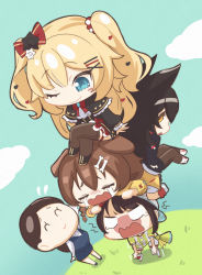 Rule 34 | 5girls, akai haato, akai haato (gothic lolita), animal ears, black hair, blonde hair, blush stickers, bob-the-bison, brown hair, chibi, crying, dog ears, dog girl, highres, hololive, inugami korone, inugami korone (1st costume), looking at another, multiple girls, ookami mio, oozora subaru, oozora subaru (1st costume), sitting, sitting on person, virtual youtuber, wolf ears, wolf girl