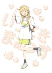 Rule 34 | 1girl, ^ ^, absurdres, arm up, backpack, bag, bare legs, black socks, blonde hair, blush, braid, closed eyes, commentary request, facing viewer, fang, fujita kotone, full body, gakuen idolmaster, hair ribbon, heart, highres, idolmaster, long hair, pprs08, ribbon, salute, shirt, shoes, short sleeves, shorts, skin fang, smile, sneakers, socks, solo, standing, standing on one leg, text background, twin braids, twitter username, white shirt, yellow shorts