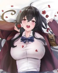Rule 34 | 1girl, absurdres, armband, artist name, azur lane, black hair, blue bow, blue bowtie, blush, bow, bowtie, breasts, gift, highres, holding, holding gift, hoyuring, jacket, large breasts, long hair, long sleeves, looking at viewer, nail polish, official alternate costume, open clothes, open jacket, open mouth, petals, pink nails, red eyes, red jacket, school uniform, shirt, smile, solo, taihou (azur lane), taihou (sweet time after school) (azur lane), teeth, upper body, upper teeth only, white shirt, yellow armband