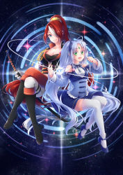 Rule 34 | 2girls, ahoge, black footwear, blue eyes, blue skirt, blush, boots, catbell413, closed mouth, crossed legs, gloves, green eyes, hair over one eye, high heel boots, high heels, highres, holding, holding sword, holding weapon, knee boots, long hair, looking at viewer, multiple girls, open mouth, original, ponytail, red hair, skirt, smile, sword, thighhighs, weapon, white gloves, white hair, white legwear