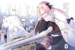 Rule 34 | 1boy, armor, army, astolfo (fate), black bow, black gloves, black ribbon, black shirt, blush, bow, braid, buckle, cape, character name, cherry blossoms, closed mouth, cross, falling petals, fang, fate/apocrypha, fate (series), faulds, floating hair, full armor, fur-trimmed cape, fur trim, garter straps, gauntlets, gloves, griffin, hair between eyes, hair bow, hair ribbon, helm, helmet, knight, lance, long hair, long sleeves, looking at viewer, male focus, miamuly, motion blur, multicolored hair, on animal, petals, pink eyes, pink hair, polearm, ribbon, riding, saddle, shirt, sideways glance, single braid, sitting, smile, spear, standing, streaked hair, trap, weapon, white background, white cape, white hair, wind