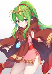 Rule 34 | 1girl, bare legs, bracelet, dress, fire emblem, fire emblem: mystery of the emblem, green eyes, green hair, hako momiji, highres, jewelry, long hair, nintendo, open mouth, pink dress, pointy ears, ponytail, short dress, simple background, solo, thick thighs, thighs, tiara, tiki (fire emblem), tiki (young) (fire emblem)