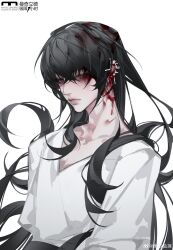 Rule 34 | 1boy, absurdres, alternate costume, bai liu, bishounen, black eyes, black hair, blood, blood on face, highres, i became a god in a horror game, long hair, looking at viewer, male focus, shirt, solo, upper body, wavy hair, weibo 7867498164, white background, white shirt