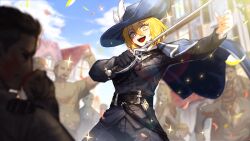 Rule 34 | + +, 1girl, 6+others, :d, belt, black gloves, black vest, blonde hair, blue headwear, blue necktie, bob cut, cavalier hat, collared shirt, don quixote (project moon), fighting, game cg, gloves, hair between eyes, highres, limbus company, multiple others, nai ga, necktie, official art, open mouth, plume, project moon, rapier, sheath, shirt, smile, solo focus, sword, town, vest, weapon, white shirt, yellow eyes