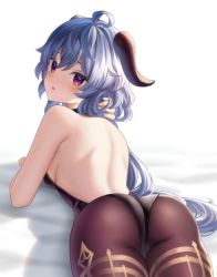 Rule 34 | 1girl, :o, ahoge, ass, back, back cutout, bare arms, bare shoulders, black leotard, blue hair, blush, breasts, clothing cutout, curled horns, from behind, ganyu (genshin impact), genshin impact, goat horns, highres, horns, leotard, looking at viewer, looking back, lying, neit ni sei, on stomach, open mouth, pantyhose, red eyes, sideboob, solo, sweatdrop, thighlet