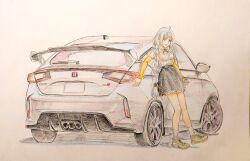 Rule 34 | 1girl, bare legs, black skirt, blue hair, braid, breasts, brown footwear, closed mouth, commentary, cwind, detached sleeves, full body, high-waist skirt, honda civic, honda civic type r, kizuna akari, leaning on object, legs, long hair, long sleeves, looking at viewer, medium breasts, shadow, shirt, shoes, simple background, skirt, sleeveless, sleeveless shirt, smile, sneakers, socks, solo, spoiler (automobile), traditional media, twin braids, vehicle focus, voiceroid, white car, white shirt, white socks