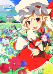 Rule 34 | 1girl, blonde hair, blue sky, blush, bow, cloud, day, field, flandre scarlet, flower, flower field, from side, hair between eyes, happy, hat, hat ribbon, heart, heart-shaped pupils, holding, holding flower, light, looking at viewer, looking to the side, mob cap, nature, open mouth, petals, red eyes, red skirt, red vest, ribbon, scarlet devil mansion, shiny skin, shirt, short sleeves, sinzan, sitting, skirt, skirt set, sky, smile, solo, symbol-shaped pupils, teeth, touhou, tree, vanishing point, vest, white shirt, wind, wings, wrist cuffs