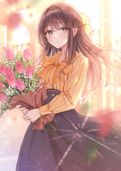 Rule 34 | 1girl, baby&#039;s-breath, backlighting, black skirt, blurry, blurry background, blush, bouquet, bow, bowtie, brown eyes, brown hair, day, depth of field, flower, half updo, high-waist skirt, highres, holding, holding bouquet, lens flare, long hair, long skirt, long sleeves, looking at viewer, nagidango, orange bow, orange bowtie, orange shirt, original, outdoors, parted lips, pink flower, pink tulip, shirt, skirt, solo, striped clothes, striped shirt, sunlight, tulip, vertical-striped clothes, vertical-striped shirt