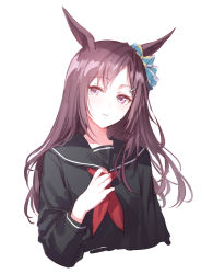Rule 34 | 1girl, animal ears, black shirt, brown eyes, brown hair, cropped legs, hair ornament, hairclip, hand up, horse ears, long hair, looking at viewer, mejiro dober (umamusume), neckerchief, parted lips, red neckerchief, romi (346 ura), sailor collar, shirt, simple background, solo, tail, umamusume, upper body, white background