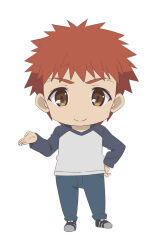 Rule 34 | 1boy, blue pants, brown eyes, chibi, closed mouth, emiya shirou, fate/kaleid liner prisma illya, fate (series), long sleeves, multicolored shirt, official art, orange hair, pants, photoshop (medium), shirt, shoes, simple background, solo, split mouth, white background