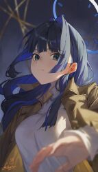 Rule 34 | 1girl, black hair, blue eyes, blue hair, brown coat, coat, halo, hand up, highres, hololive, hololive english, light frown, long hair, looking at viewer, m.q (mqkyrie), multicolored hair, ouro kronii, ouro kronii (casual), solo, sweater, turtleneck, turtleneck sweater, virtual youtuber, white sweater