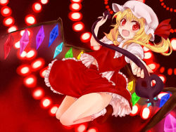 Rule 34 | 1girl, :d, bad id, bad pixiv id, blonde hair, blue hair, danmaku, fang, female focus, flandre scarlet, hat, jumping, laevatein, looking at viewer, open mouth, ponytail, red eyes, short hair, side ponytail, smile, solo, embodiment of scarlet devil, touhou, tsuguha, wings