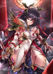 Rule 34 | 1girl, black hair, blood, breasts, deep wound, highres, injury, large breasts, looking at viewer, one eye closed, red eyes, sangokushi taisen, shimo (depthbomb), solo, sword, torn clothes, torn legwear, wang yi, warrior, weapon