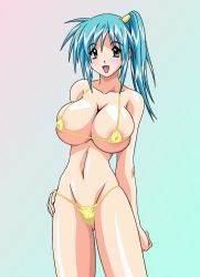 Rule 34 | 00s, 1girl, aqua hair, bikini, blue hair, blush, breasts, contrapposto, cowboy shot, divergence eve, gradient background, hand on own hip, highres, huge breasts, kureha misaki, large breasts, legion group, legs, looking at viewer, micro bikini, side ponytail, simple background, smile, solo, standing, swimsuit, tagme, thighs, yellow bikini