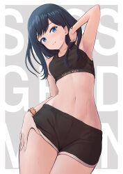 Rule 34 | 1girl, absurdres, arm up, black hair, black sports bra, blue eyes, border, breasts, calvin klein, check commentary, commentary, commentary request, commission, curvy, eyelashes, gridman universe, gridman universe (film), hair over shoulder, hand in own hair, hand on own thigh, highres, lips, looking at viewer, midriff, navel, sasasa r 23, scrunchie, short shorts, shorts, simple background, skeb commission, small breasts, smile, sports bra, ssss.gridman, stomach, sweat, takarada rikka, text background, thighs, white border, wide hips, wrist scrunchie