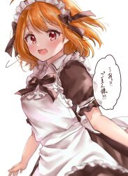Rule 34 | 1girl, :d, alternate costume, apron, black dress, black ribbon, blush, chigusa minori, commentary request, dress, enmaided, frilled apron, frilled sleeves, frills, hair ribbon, looking at viewer, love live!, love live! sunshine!!, maid, maid apron, maid headdress, neck ribbon, open mouth, orange hair, partial commentary, red eyes, ribbon, short hair, short sleeves, smile, solo, takami chika, translated, turning head, white apron, white background