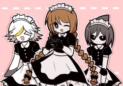 Rule 34 | &gt; &lt;, 3girls, alternate costume, animal hands, apron, black bow, black dress, black gloves, black sclera, blonde hair, bow, braid, brown hair, buttons, collared dress, colored sclera, colored skin, dolphi (funamusea), dress, fins, funamusea, gloves, grey eyes, grey hair, hair bow, hand on own arm, head fins, heart, heart hands, highres, light blush, maid, maid apron, maid headdress, memoca (funamusea), multicolored hair, multiple girls, one eye closed, oounabara to wadanohara, open mouth, orazamige, outline, patterned background, pink background, puffy short sleeves, puffy sleeves, short hair, short sleeves, smile, streaked hair, triangle mouth, twin braids, wadanohara, white eyes, white hair, white outline, white skin