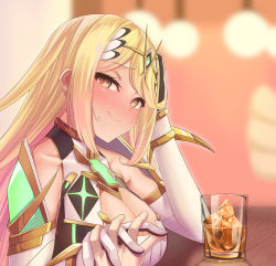 Rule 34 | 1boy, 1girl, bare shoulders, blonde hair, breasts, chest jewel, cleavage, cleavage cutout, clothing cutout, dress, drunk, earrings, elbow gloves, gloves, highres, holding hands, interlocked fingers, jewelry, large breasts, long hair, mythra (xenoblade), pov, short dress, smile, swept bangs, tiara, very long hair, white-paka, white dress, white gloves, xenoblade chronicles (series), xenoblade chronicles 2, yellow eyes