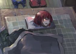 Rule 34 | 1girl, blush, bow, unworn clothes, disembodied head, closed eyes, unworn headwear, ichiba youichi, lying, on bed, on stomach, open mouth, red hair, sekibanki, short hair, sleeping, solo, sweat, touhou