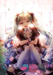 Rule 34 | 1girl, ahoge, backlighting, blue eyes, blue hair, blush, breasts, cleavage, food, hatsune miku, long hair, looking at viewer, open mouth, pantyhose, petals, shina (sbk951121), sitting, smile, solo, teeth, twintails, vocaloid, white pantyhose