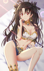Rule 34 | 1girl, absurdres, armlet, asymmetrical legwear, asymmetrical sleeves, bare shoulders, bikini, black bikini, black hair, blush, breasts, cleavage, closed mouth, collarbone, detached collar, detached sleeves, earrings, fate/grand order, fate (series), gold trim, highleg, highleg bikini, highres, hoop earrings, ishtar (fate), jewelry, long hair, looking at viewer, medium breasts, mismatched bikini, navel, neck ring, parted bangs, single detached sleeve, single thighhigh, smile, solo, sparkle, swimsuit, thighhighs, thighs, tiara, two side up, uneven legwear, uneven sleeves, white bikini, yohane yoshiko