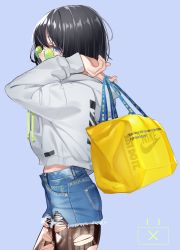 Rule 34 | 1girl, absurdres, bag, black hair, blue shorts, brown pantyhose, commentary, cutoffs, denim, denim shorts, drawstring, english commentary, fingernails, green-tinted eyewear, green-tinted glasses, grey hoodie, hair between eyes, hand up, highres, holding, holding bag, hood, hood down, hoodie, looking over eyewear, looking over glasses, nail polish, nike (company), original, pantyhose, purple background, purple eyes, short shorts, shorts, simple background, solo, sunglasses, the cold, tinted eyewear, torn clothes, torn pantyhose, white nails