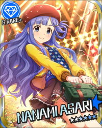 Rule 34 | asari nanami, blue eyes, blue hair, blush, briefcase, card (medium), character name, hat, idolmaster, idolmaster cinderella girls, jacket, long hair, scarf, smile, star (symbol)
