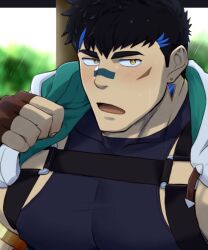 Rule 34 | 1boy, bandaid, bandaid on face, bandaid on nose, bara, black hair, blue hair, blurry, blurry background, blush, close-up, crave saga, ear piercing, earrings, fingerless gloves, gae bolg (crave saga), gloves, hood, hoodie, jewelry, large pectorals, leather, leather belt, male focus, manly, mature male, military vehicle, motor vehicle, multicolored hair, nattukre, nipples, open mouth, pectorals, piercing, rain, short hair, solo, spiked hair, stud earrings, tank, tongue, upper body, water, water drop, wet, yellow eyes