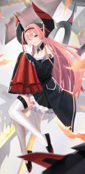Rule 34 | 1girl, absurdres, azur lane, bare shoulders, belt, black coat, black dress, black footwear, black horns, coat, cross, detached collar, dress, from side, full body, hair on horn, highres, horns, huge horns, iron cross, long hair, long horns, long sleeves, looking at viewer, looking to the side, mechanical horns, open clothes, open coat, pink hair, prinz rupprecht (azur lane), shoes, sleeves past fingers, sleeves past wrists, solo, strapless, strapless dress, sui62, thigh belt, thigh strap, thighhighs, very long hair, white thighhighs, wing collar