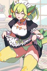 Rule 34 | 1girl, apron, blush, breasts, clothes lift, collarbone, dragon girl, dragon horns, dragon tail, dress, duel monster, green hair, green panties, hair between eyes, heart, horns, kingbawoon, maid, maid apron, maid headdress, one eye closed, open mouth, panties, parlor dragonmaid, puffy sleeves, short sleeves, skirt, skirt lift, tail, underwear, yellow eyes, yu-gi-oh!