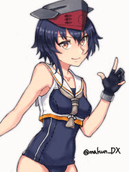 Rule 34 | asymmetrical hair, black gloves, black hair, black one-piece swimsuit, breast cutout, brown eyes, brown neckerchief, cowboy shot, crop top, framed breasts, gloves, hair between eyes, hat, highres, i-14 (kancolle), index finger raised, kantai collection, looking at viewer, maakun (makun dx), neckerchief, one-hour drawing challenge, one-piece swimsuit, partially fingerless gloves, sailor collar, school swimsuit, shirt, short hair, single glove, sleeveless, sleeveless shirt, swimsuit, swimsuit under clothes, twitter username, white sailor collar