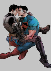 Rule 34 | 2boys, armor, bandaged arm, bandages, bara, batman, batman (series), black gloves, black hair, black shirt, blue gloves, boots, bruce wayne, chest armor, clark kent, closed eyes, couple, dc comics, facial hair, gloves, grey background, grey hair, haining, hand on another&#039;s ass, large pectorals, looking at another, male focus, multicolored hair, multiple boys, muscular, muscular male, pectorals, shirt, short hair, simple background, sitting, sitting on person, smile, superman, superman (series), two-tone hair, yaoi
