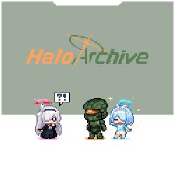 Rule 34 | !?, 1boy, 2girls, armor, arona (blue archive), assault visor, blue archive, blue halo, crossover, english text, halo, halo (series), helmet, master chief, multiple girls, pixel art, plana (blue archive), power armor, red halo, redforge, science fiction, spartan (halo), surprised