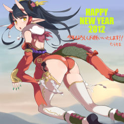 Rule 34 | 10s, 1girl, 2012, ass, black hair, dragon girl, dragon tail, happy new year, horns, looking back, monster girl, new year, original, pointy ears, solo, tail, tarayama, thighhighs, yellow eyes