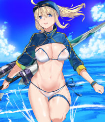 Rule 34 | 1girl, ahoge, artoria pendragon (fate), baseball cap, bikini, blonde hair, blue eyes, blue hat, blue jacket, breasts, cleavage, cloud, cropped jacket, day, fate/grand order, fate (series), hair between eyes, hat, highres, jacket, kurozawa yui, large breasts, long hair, long sleeves, looking at viewer, mysterious heroine x (fate), mysterious heroine xx (fate), navel, ocean, open mouth, outdoors, ponytail, shrug (clothing), side-tie bikini bottom, sky, solo, standing, standing on one leg, swimsuit, thigh strap, thighs, twinmyniad (fate), wading, water, weapon, white bikini, wristband, zipper