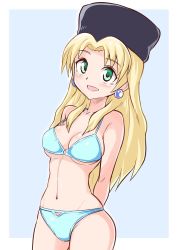 Rule 34 | 1girl, arms behind back, bikini, blonde hair, blue background, blue bikini, blush, breasts, capcom, cleavage, commentary request, cougar (cougar1404), earrings, fur hat, green eyes, hat, jewelry, kalinka cossack (mega man), long hair, looking at viewer, medium breasts, mega man (classic), mega man (series), mega man 4, navel, open mouth, papakha, purple hat, rockman xover, russia, smile, solo, swimsuit