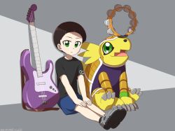 Rule 34 | 1boy, 1other, armadimon, digimon, digimon (creature), electric guitar, guitar, hida iori, highres, instrument, looking at viewer, other