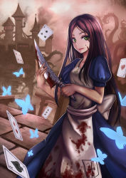 Rule 34 | 1girl, ace (playing card), ace of spades, alice: madness returns, alice (alice in wonderland), alice in wonderland, alice liddell (american mcgee&#039;s alice), american mcgee&#039;s alice, american mcgee's alice, apron, black hair, blood, blood stain, brown hair, bug, butterfly, card, castle, green eyes, highres, insect, knife, long hair, looking at viewer, mokyu (kukoudesu), playing card, smile, solo, spade (shape), weapon