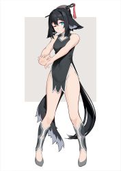 Rule 34 | 1girl, ;), absurdres, animal ear fluff, animal ears, bare arms, bare shoulders, black dress, black hair, blue eyes, closed mouth, commentary, dress, full body, grey background, grey footwear, groin, highres, long hair, no panties, one eye closed, original, own hands together, pelvic curtain, shoes, smile, solo, standing, stretching, tail, two-tone background, vectorek, very long hair, white background