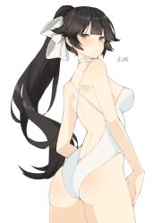 Rule 34 | 1girl, ass, azur lane, bad id, bad pixiv id, black hair, breasts, hair ribbon, highres, long hair, looking at viewer, looking back, medium breasts, mimelond, one-piece swimsuit, ponytail, ribbon, sideburns, simple background, solo, swimsuit, takao (azur lane), takao (beach rhapsody) (azur lane), white background, white one-piece swimsuit, white ribbon, yellow eyes